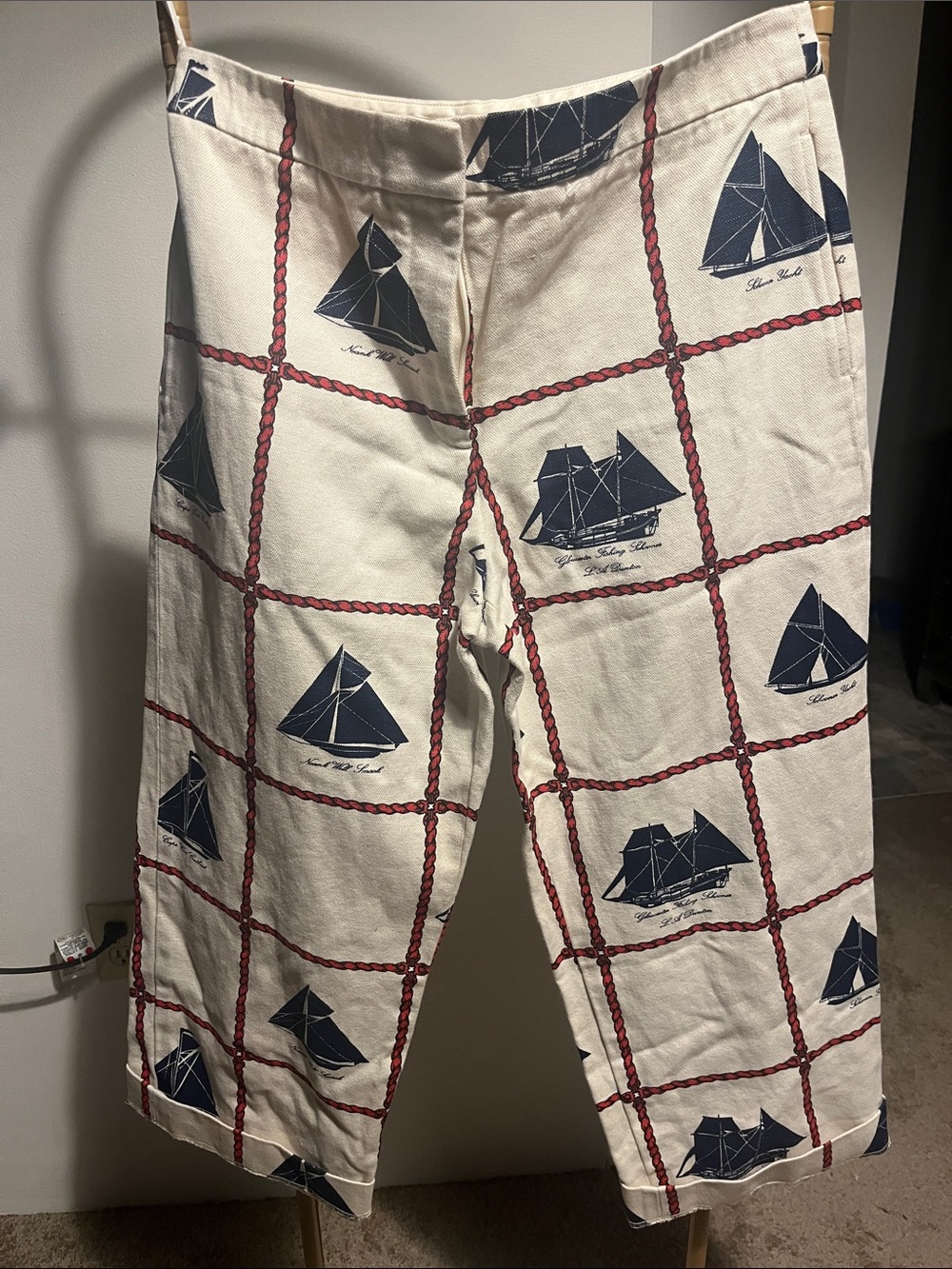Tory Burch Cream Nautical Rope-Grid Wide-Leg Pants with Navy Sailboats